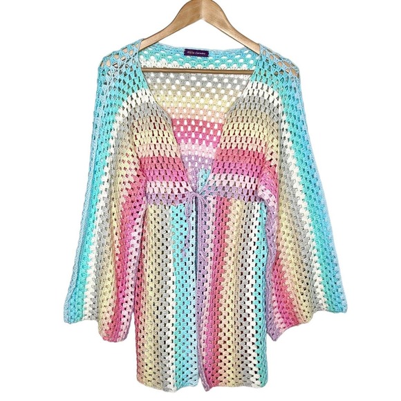 Rose Carmine Crochet Rainbow Pastel Cardigan Sweater Womens One Size Hippie - Picture 1 of 8